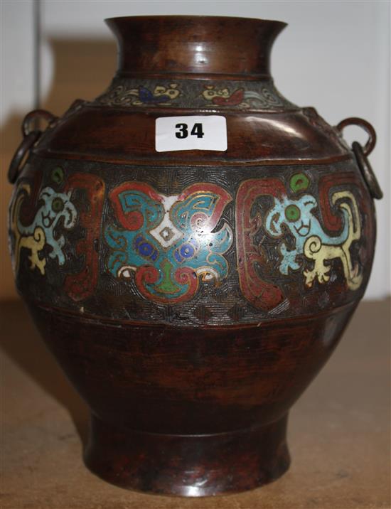 Japanese bronze and champleve vase